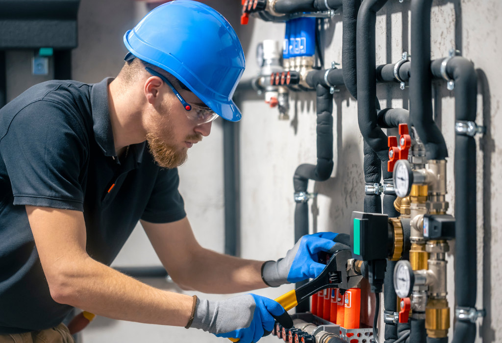 Tecnico qualificato durante la manutenzione di un sistema di spegnimento a gas industriale